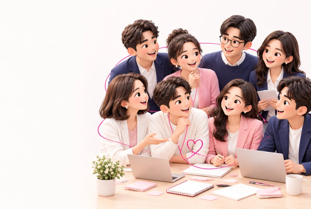 여덟 명의 캐릭터가 함께 아이디어를 나누는 마음담아 브랜드 이미지